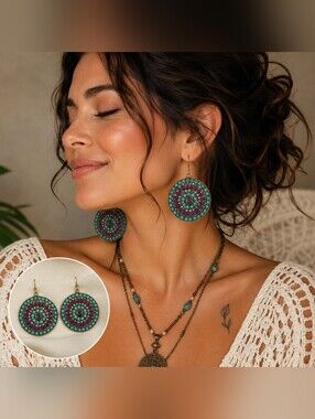 Vintage Brass Tone Filigree Medallion Hook Earrings Purple & Turquoise 2"